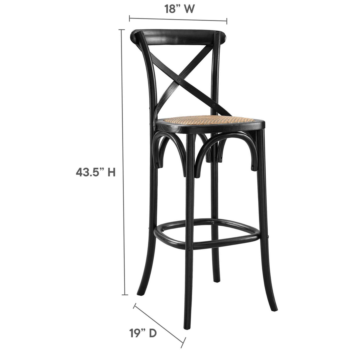Bar stool with X-back and woven rattan seat in a tall, space-savvy silhouette. || EEI-5668-BLK || dimension_studio