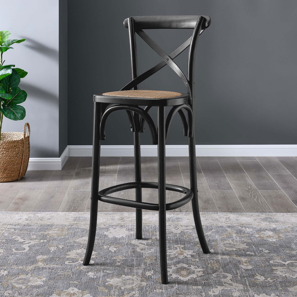 Bar stool adds character with an X-back, woven rattan seat, and arched details. || EEI-5668-BLK || front_angle_room
