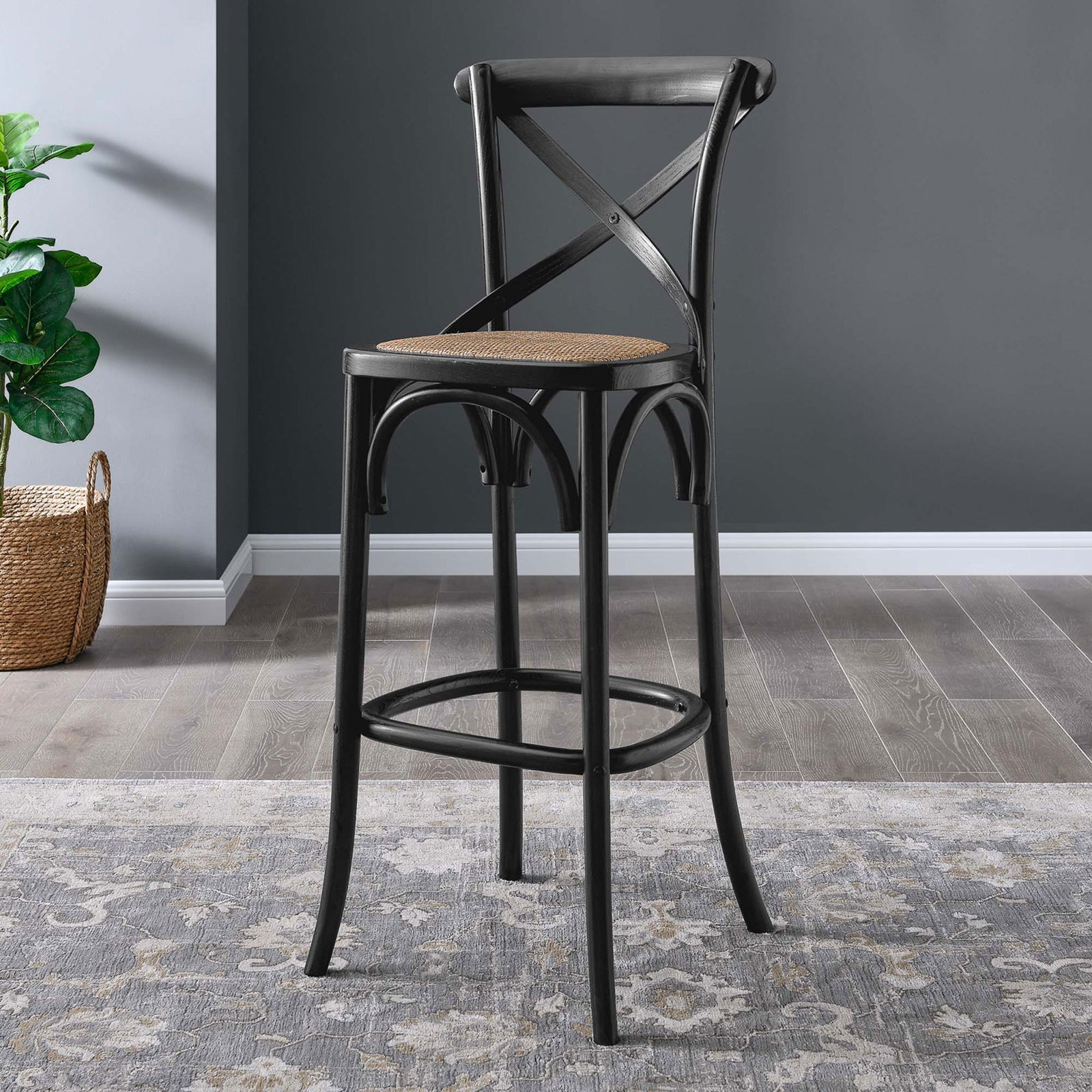 Bar stool adds character with an X-back, woven rattan seat, and arched details. || EEI-5668-BLK || front_angle_room