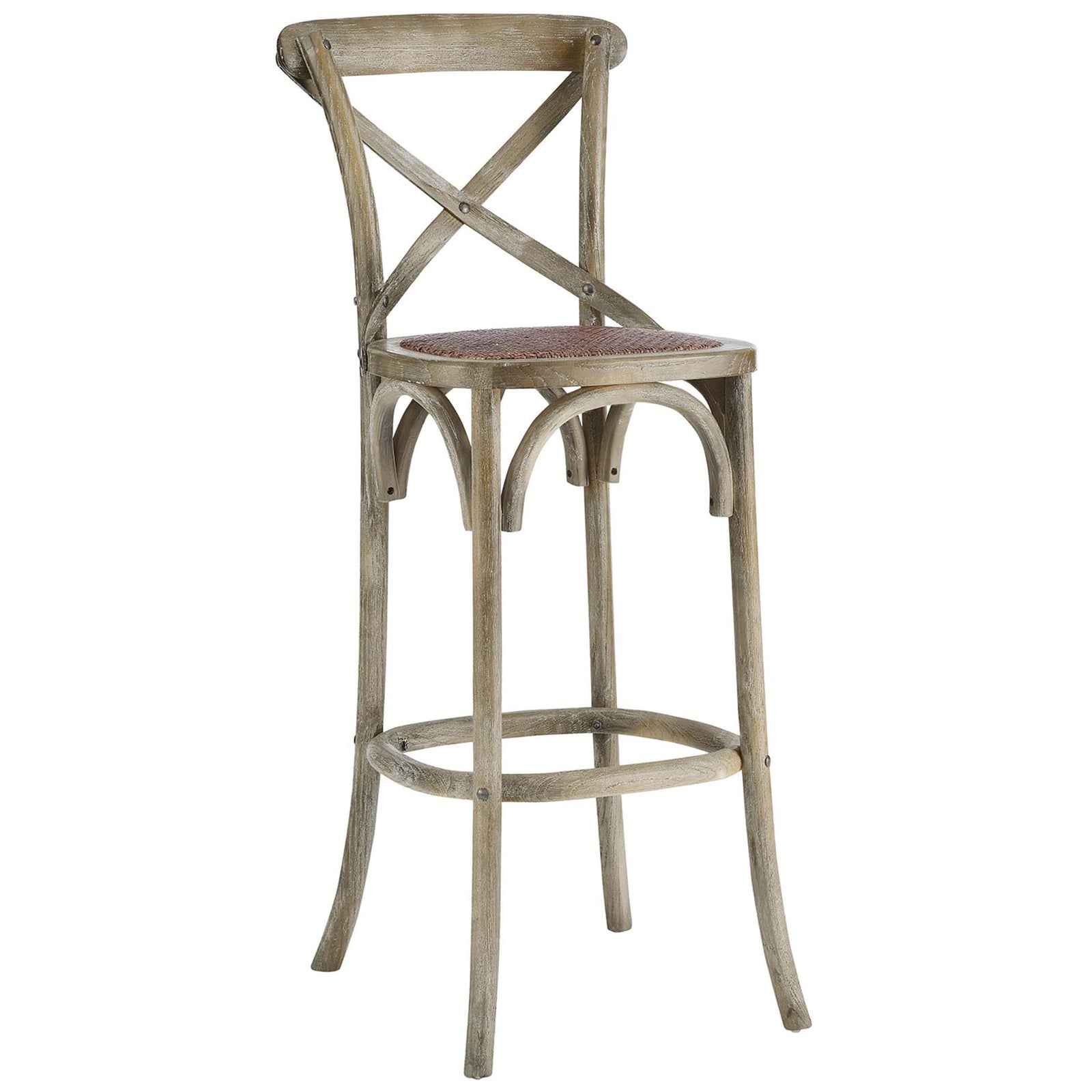 Farmhouse bar stool in weathered gray elm with a braided rattan seat and supportive round footrest || EEI-5668-GRY || front_angle_studio
