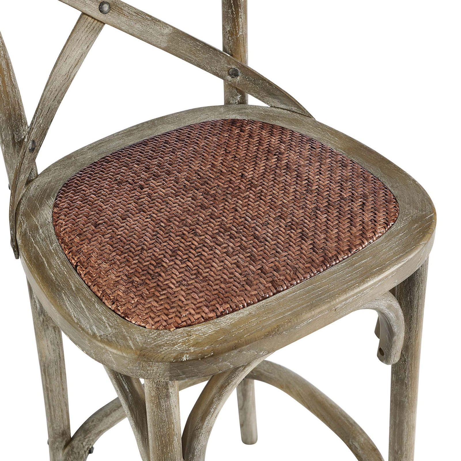 Handwoven rattan seat detail adds rich texture and contrast against the weathered gray frame || EEI-5668-GRY || detail_studio