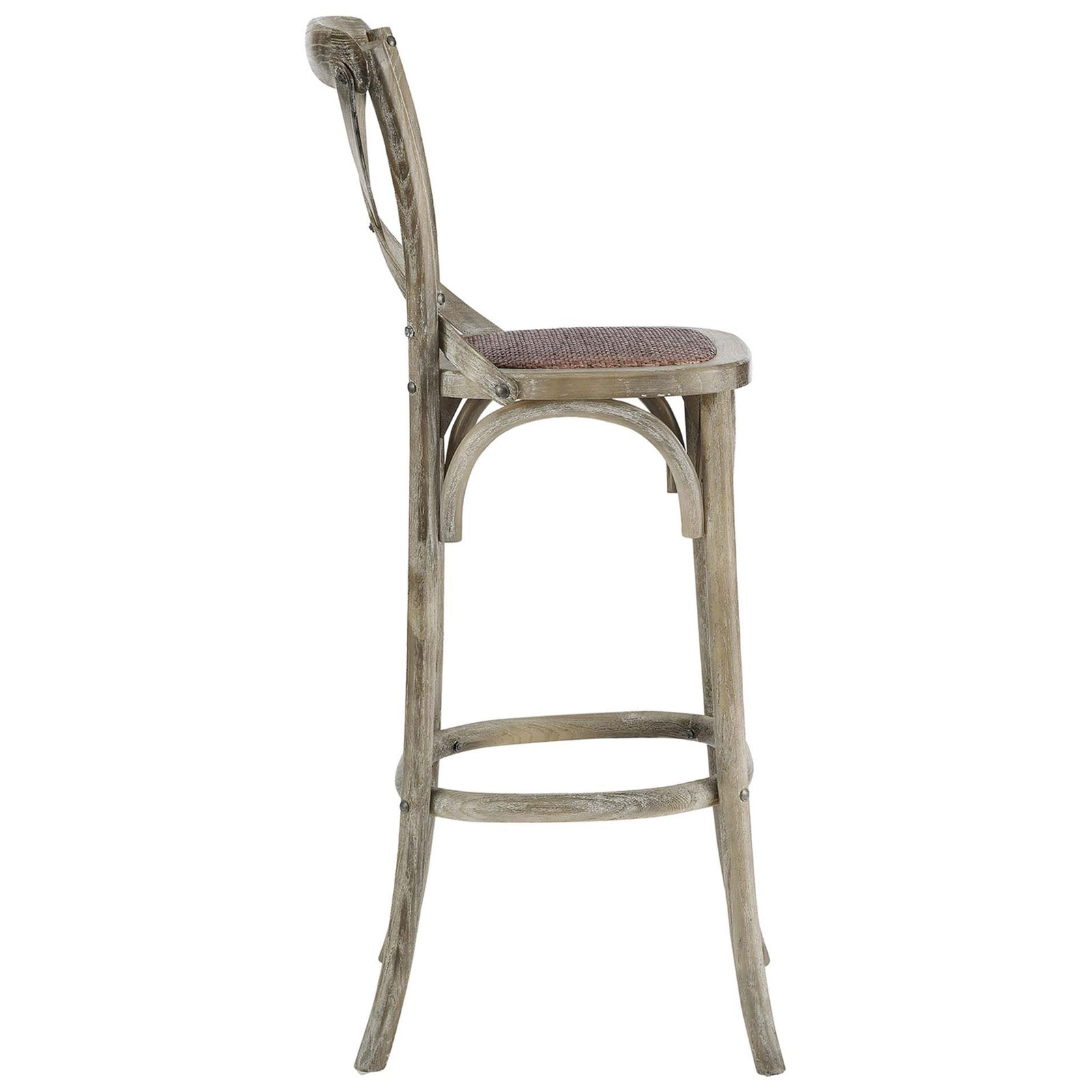 Slim, splayed legs and a curved footrest define this bar stool's airy profile and durable elm wood build || EEI-5668-GRY || side_studio