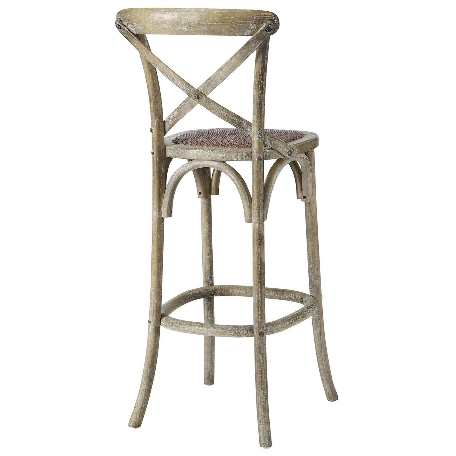 Rear view shows the X-brace backrest and flowing curves above a warm, handwoven rattan seat || EEI-5668-GRY || back_angle_studio