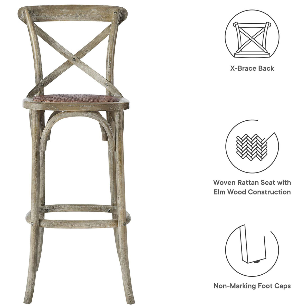 Cross-back bar stool highlights elm wood strength, woven rattan seat, and non-marking foot caps || EEI-5668-GRY || callout_studio