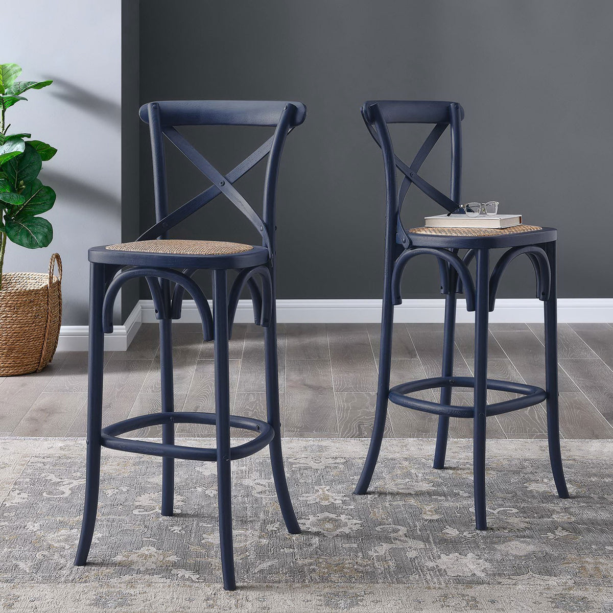 Two coordinating bar stools in midnight blue create an effortless gathering spot. || EEI-5668-MID || front_angle_room