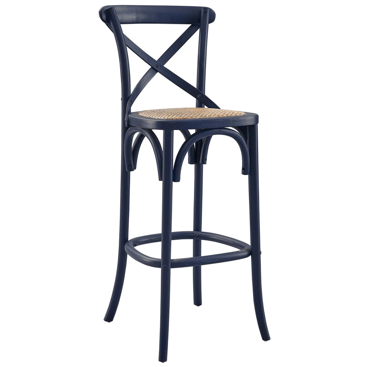 Curved legs and integrated footrest enhance this midnight blue bar stool with rattan seat. || EEI-5668-MID || front_angle_studio