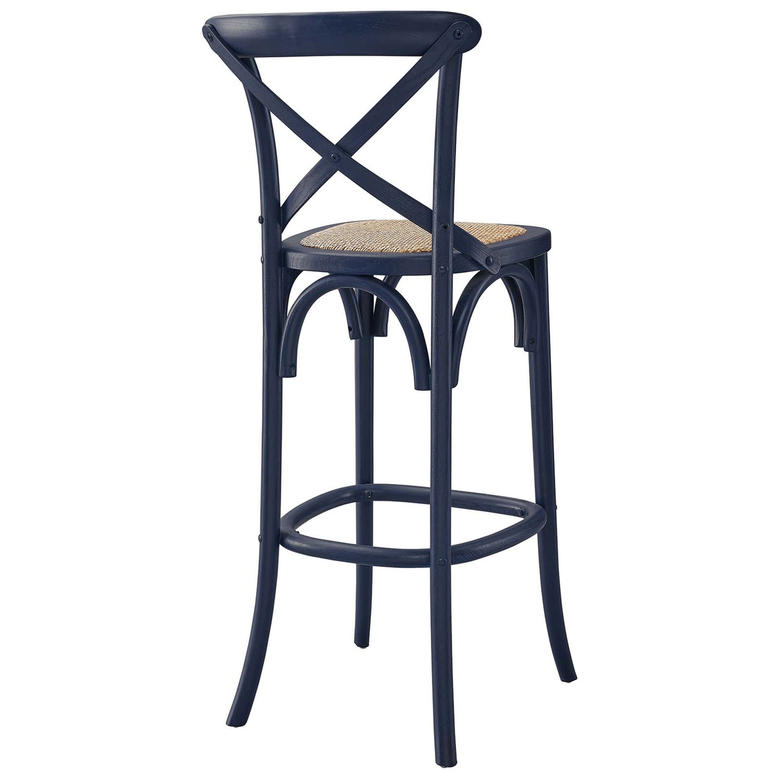 Distinctive X-back and smooth midnight blue finish highlight this farmhouse-inspired bar stool. || EEI-5668-MID || back_angle_studio