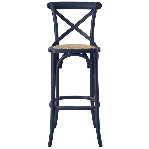Midnight blue bar stool with supportive X-brace back and natural woven rattan seat. || EEI-5668-MID || front_studio