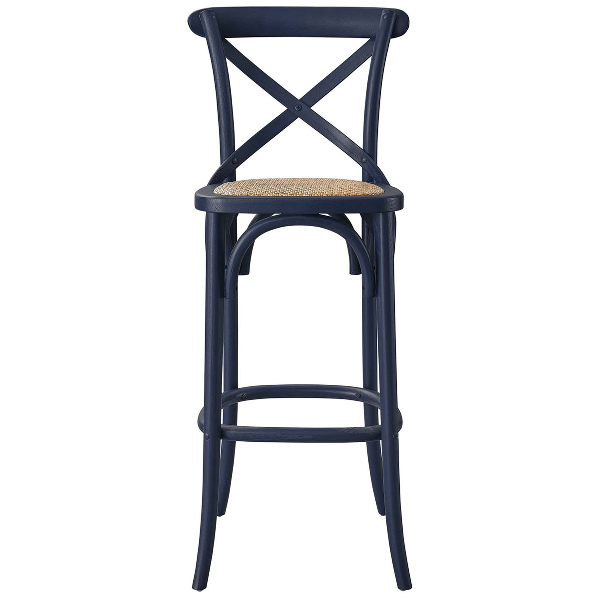 Midnight blue bar stool with supportive X-brace back and natural woven rattan seat. || EEI-5668-MID || front_studio
