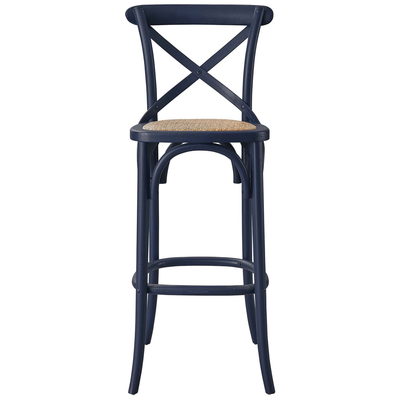 Midnight blue bar stool with supportive X-brace back and natural woven rattan seat. || EEI-5668-MID || front_studio
