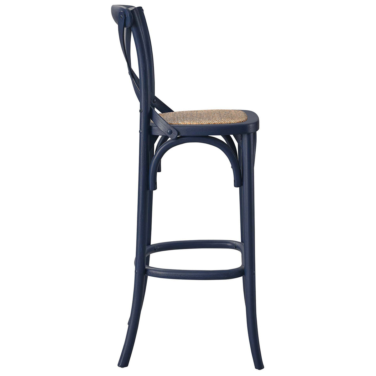 Slim bar stool silhouette with splayed legs, integrated footrest, and a handwoven rattan seat. || EEI-5668-MID || side_studio
