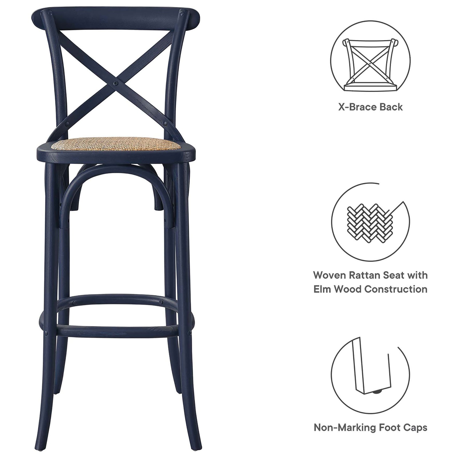 Feature highlights: X-brace back, woven rattan seat, and non-marking foot caps. || EEI-5668-MID || callout_studio