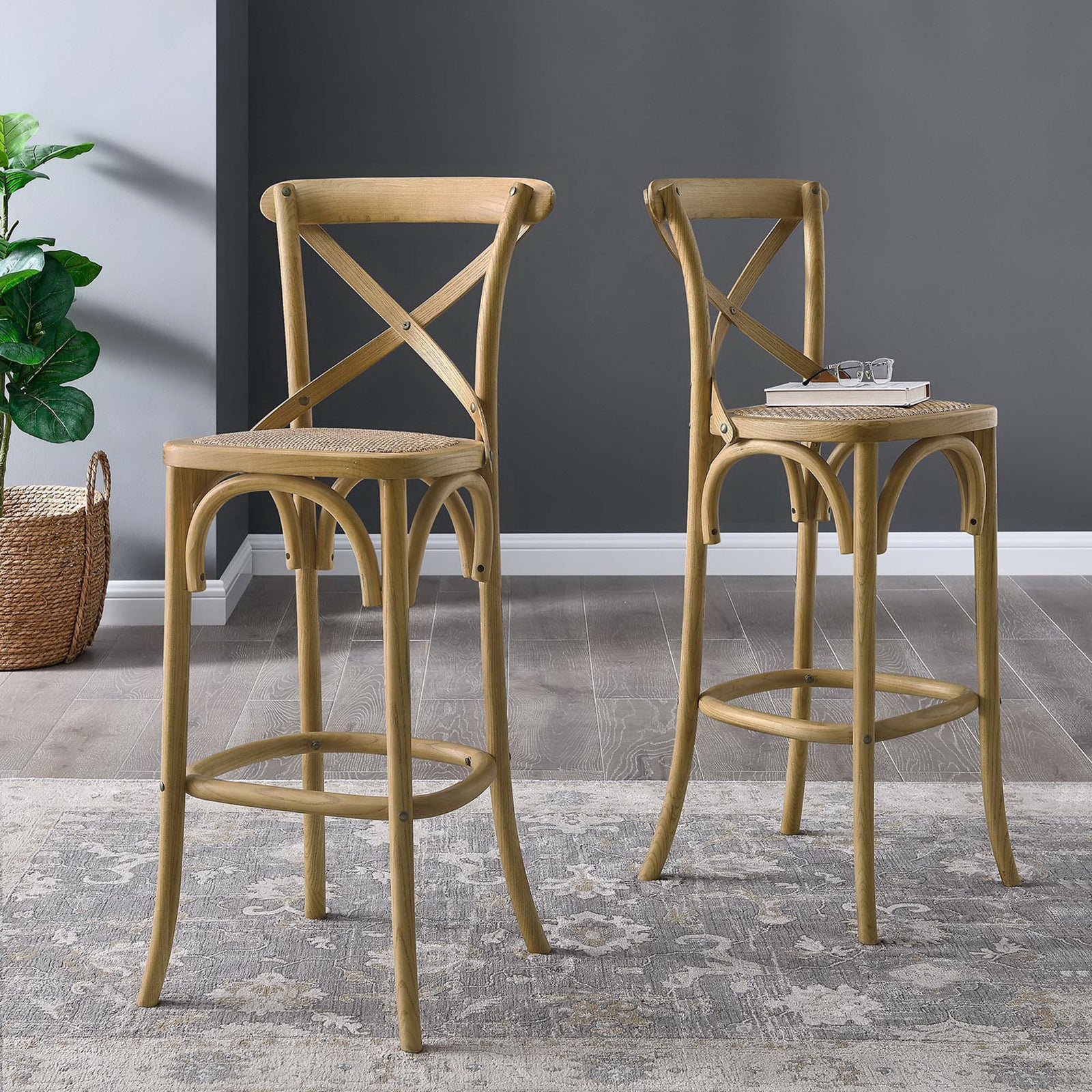 Cross-back bar stool pairs rustic texture with refined lines for versatile seating. || EEI-5668-NAT || front_angle_room