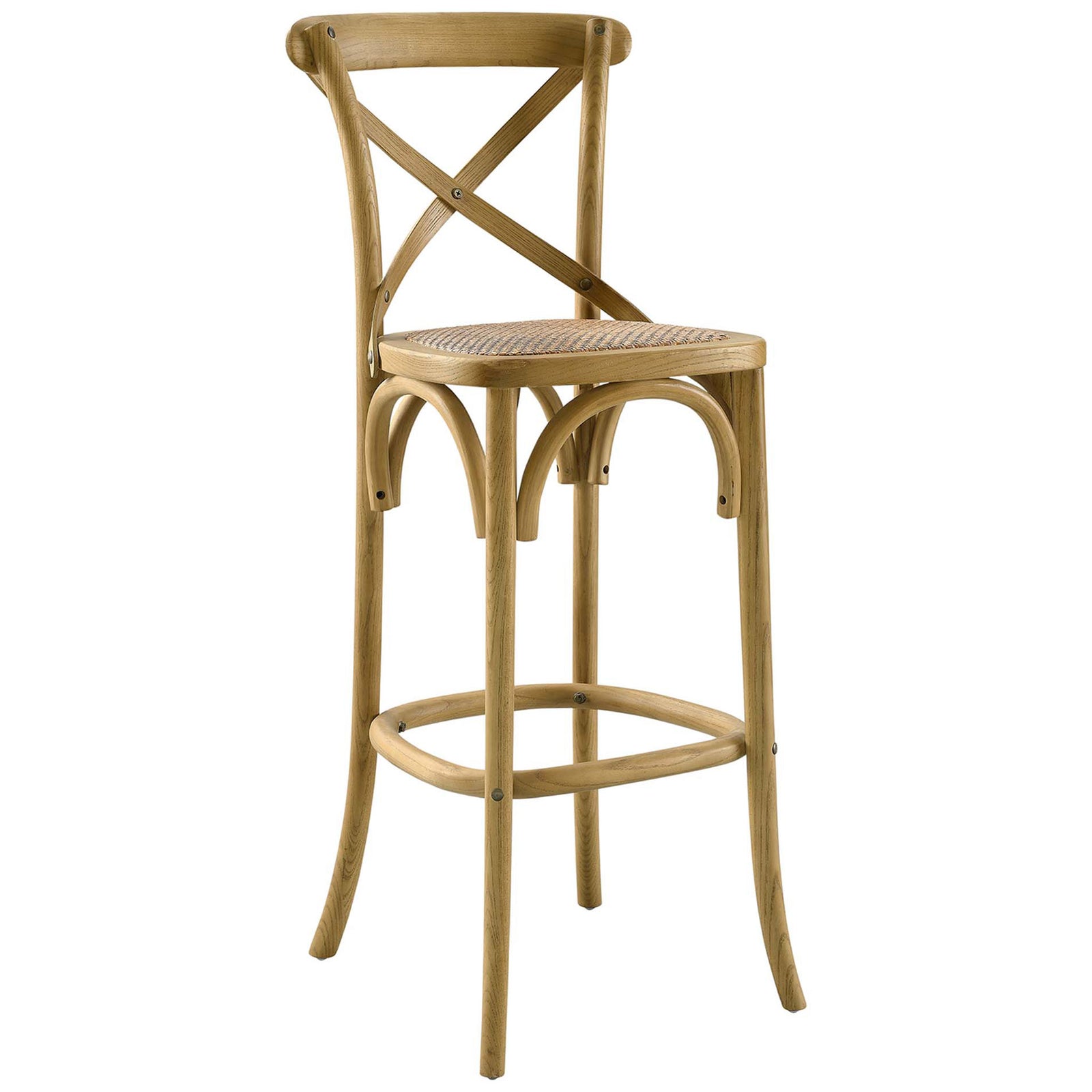 Bar-height stool showcases arched stretchers, a contoured seat, and a warm natural finish. || EEI-5668-NAT || front_angle_studio
