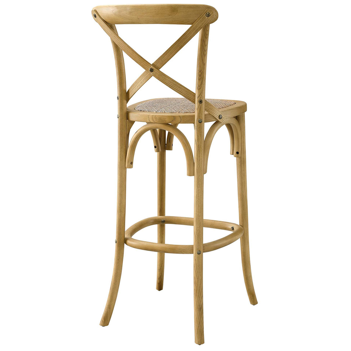 Cross-back bar stool with smooth wood grain and curved supports for lasting stability. || EEI-5668-NAT || back_angle_studio