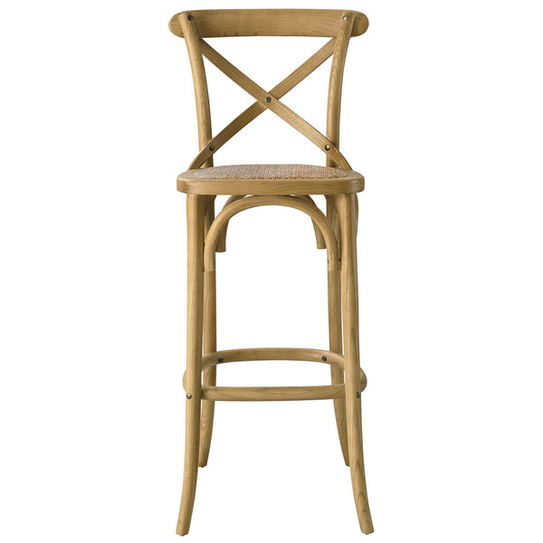 Natural elm bar stool with X-brace back and woven rattan seat for airy, farmhouse appeal. || EEI-5668-NAT || front_studio
