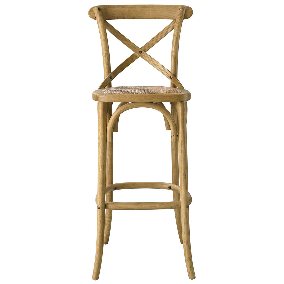 Natural elm bar stool with X-brace back and woven rattan seat for airy, farmhouse appeal. || EEI-5668-NAT || front_studio