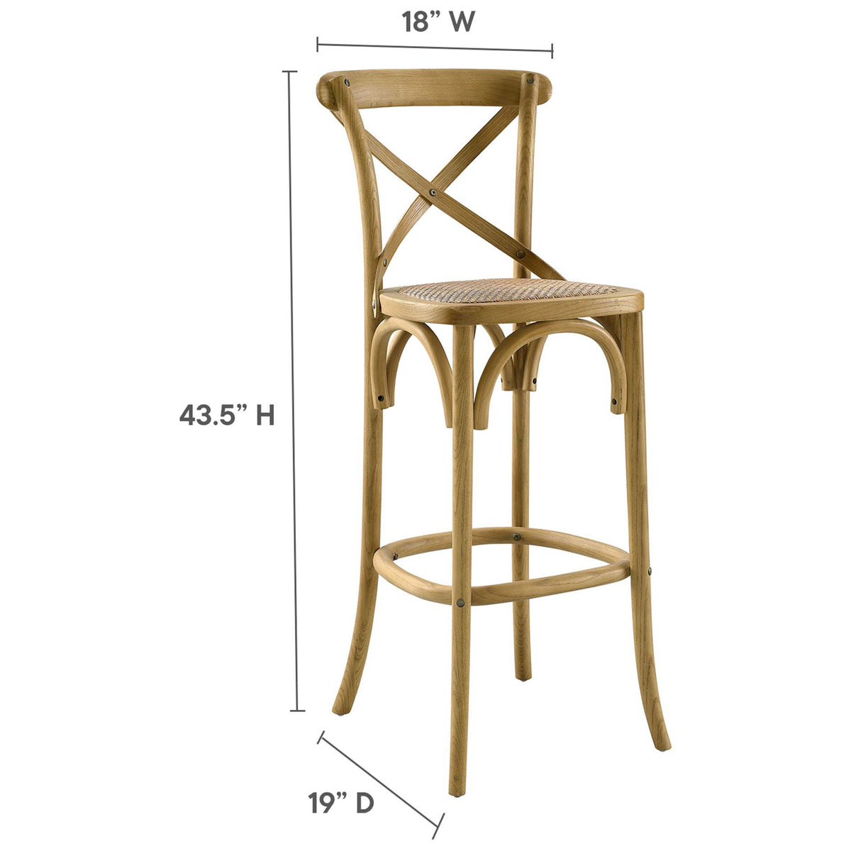 Space-conscious bar stool sized for counters and bars, crafted from elm with a woven rattan seat. || EEI-5668-NAT || dimension_studio