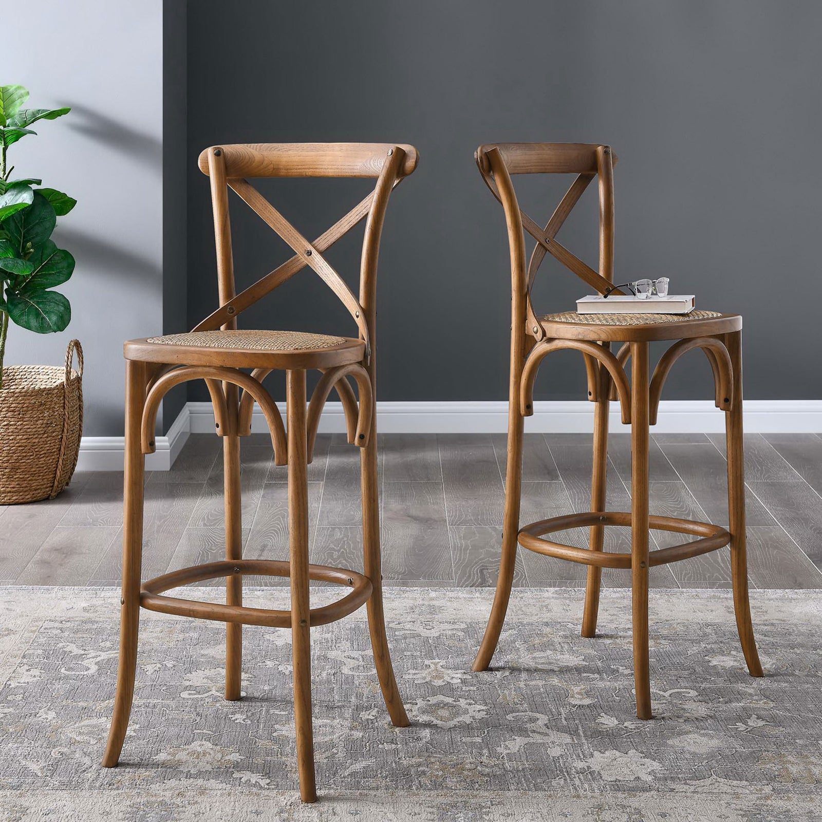 Classic cross-back bar stools bring relaxed, versatile style to entertaining spaces || EEI-5668-WAL || front_angle_room