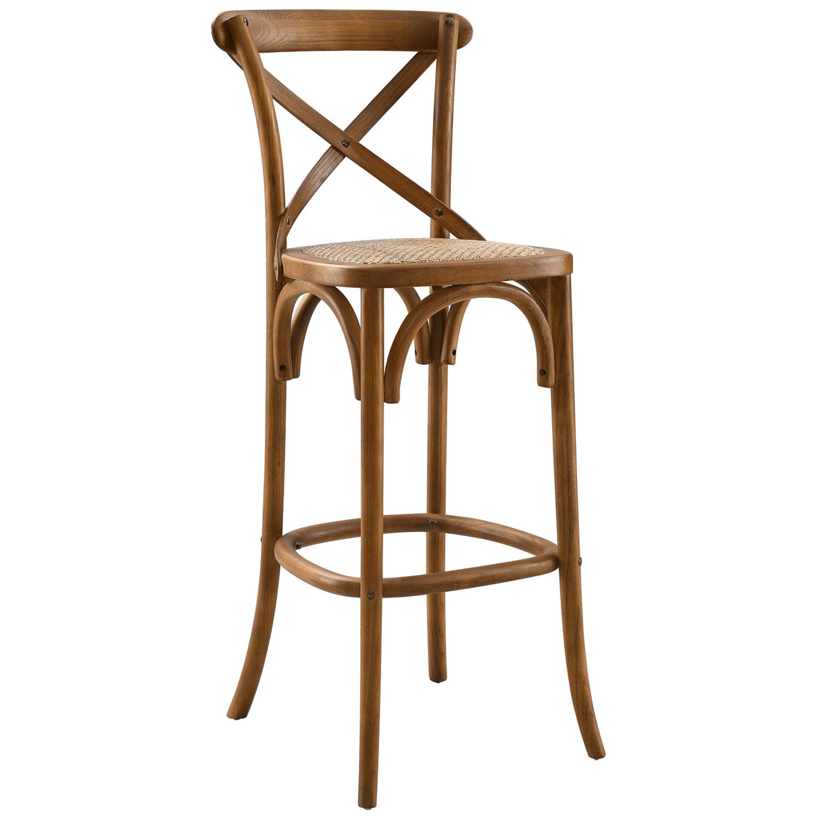 Walnut bar stool with X-brace back, curved arches, and woven rattan seat || EEI-5668-WAL || front_angle_studio