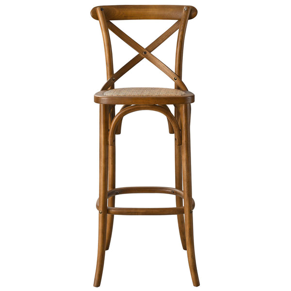 Farmhouse bar stool in walnut with X-back and supportive rattan seat || EEI-5668-WAL || front_studio