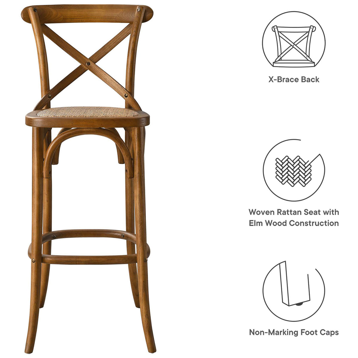 Key features: X-brace back, woven rattan seat, elm wood, non-marking foot caps || EEI-5668-WAL || callout_studio