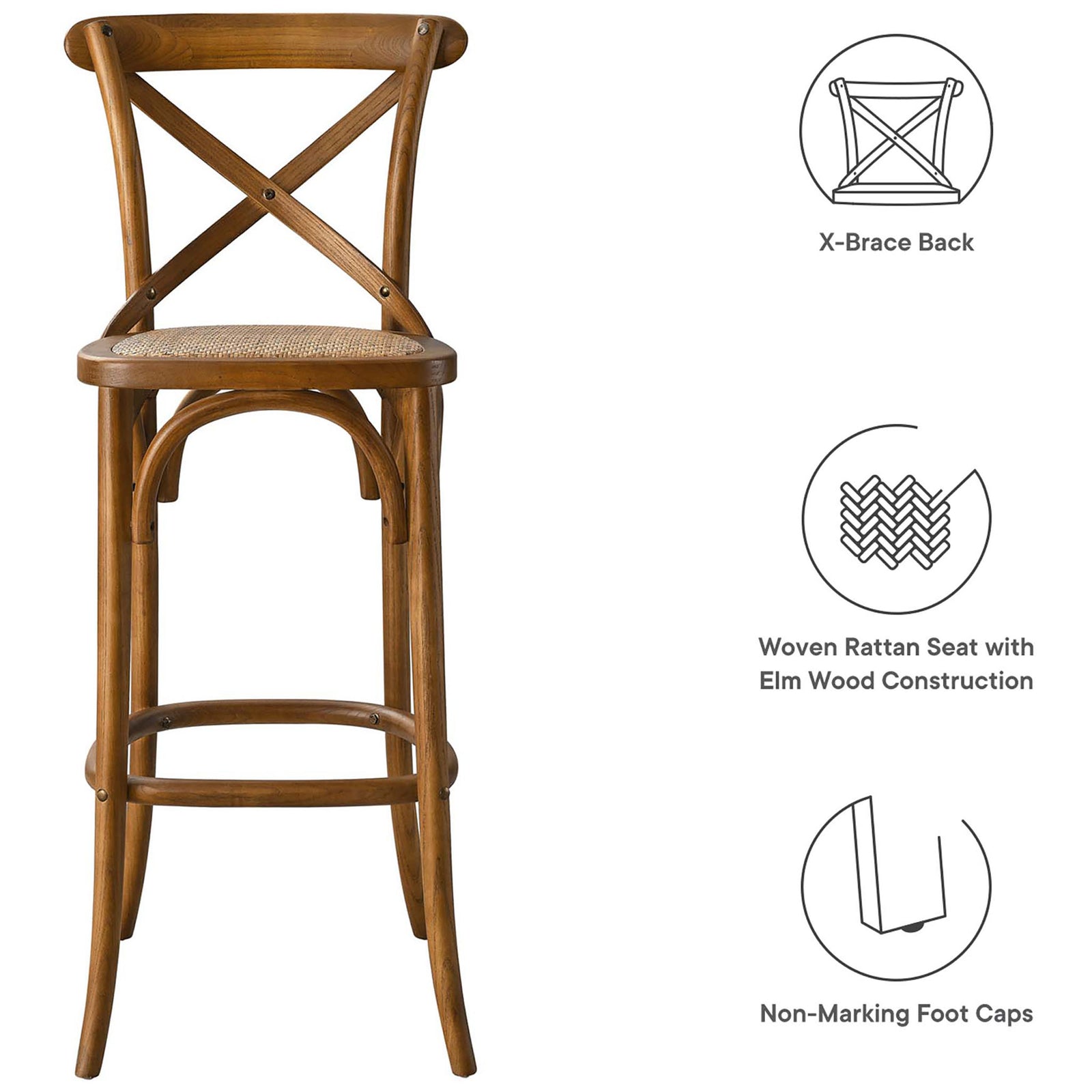 Key features: X-brace back, woven rattan seat, elm wood, non-marking foot caps || EEI-5668-WAL || callout_studio