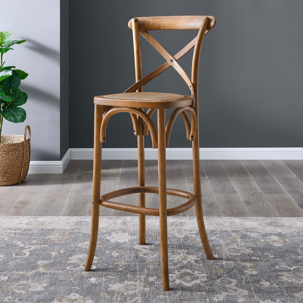 Walnut finish and rattan seat deliver timeless farmhouse charm at the bar || EEI-5668-WAL || front_angle_room