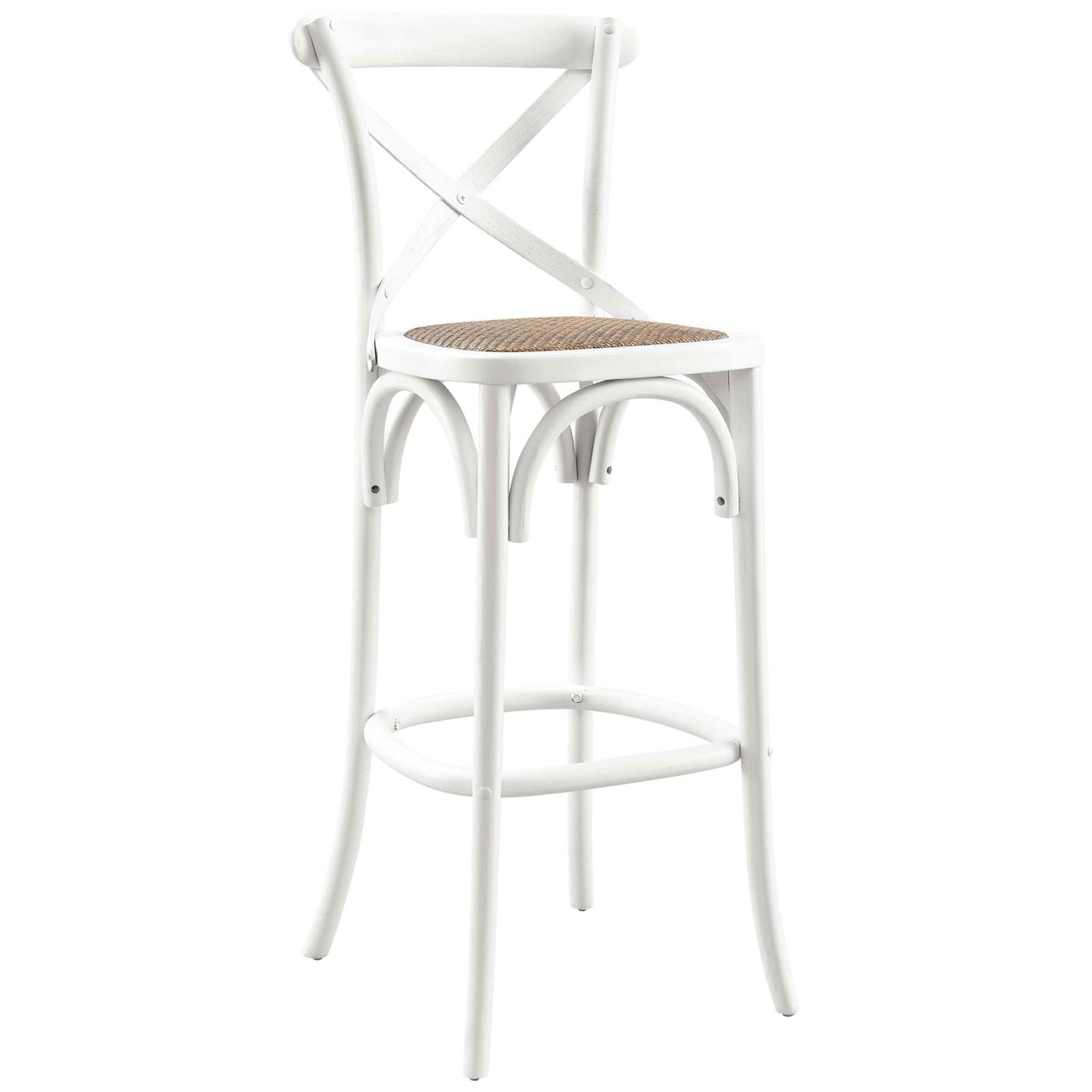Modern farmhouse bar stool in white elm with rattan seat and arched stretchers. || EEI-5668-WHI || front_angle_studio