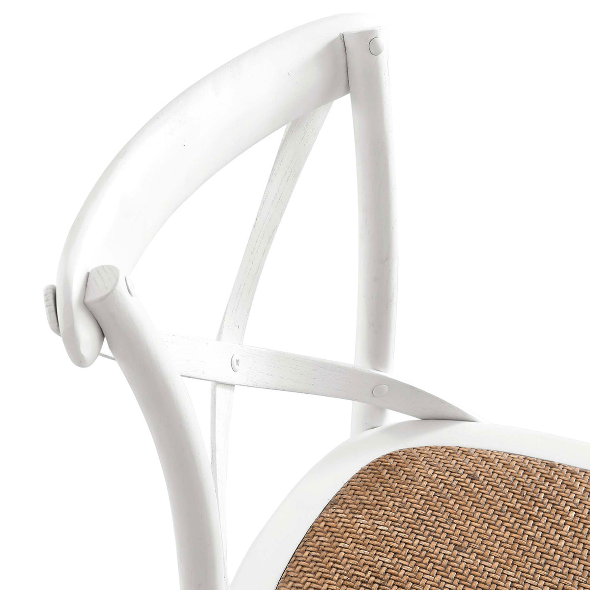 Rattan seat detail shows tight weave and clean edging against the white frame. || EEI-5668-WHI || detail_studio