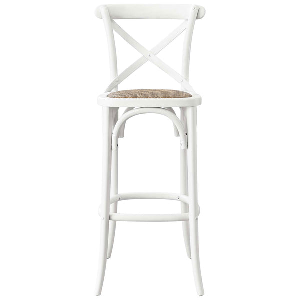 White bar stool with X-brace back, woven rattan seat, and supportive circular footrest. || EEI-5668-WHI || front_studio