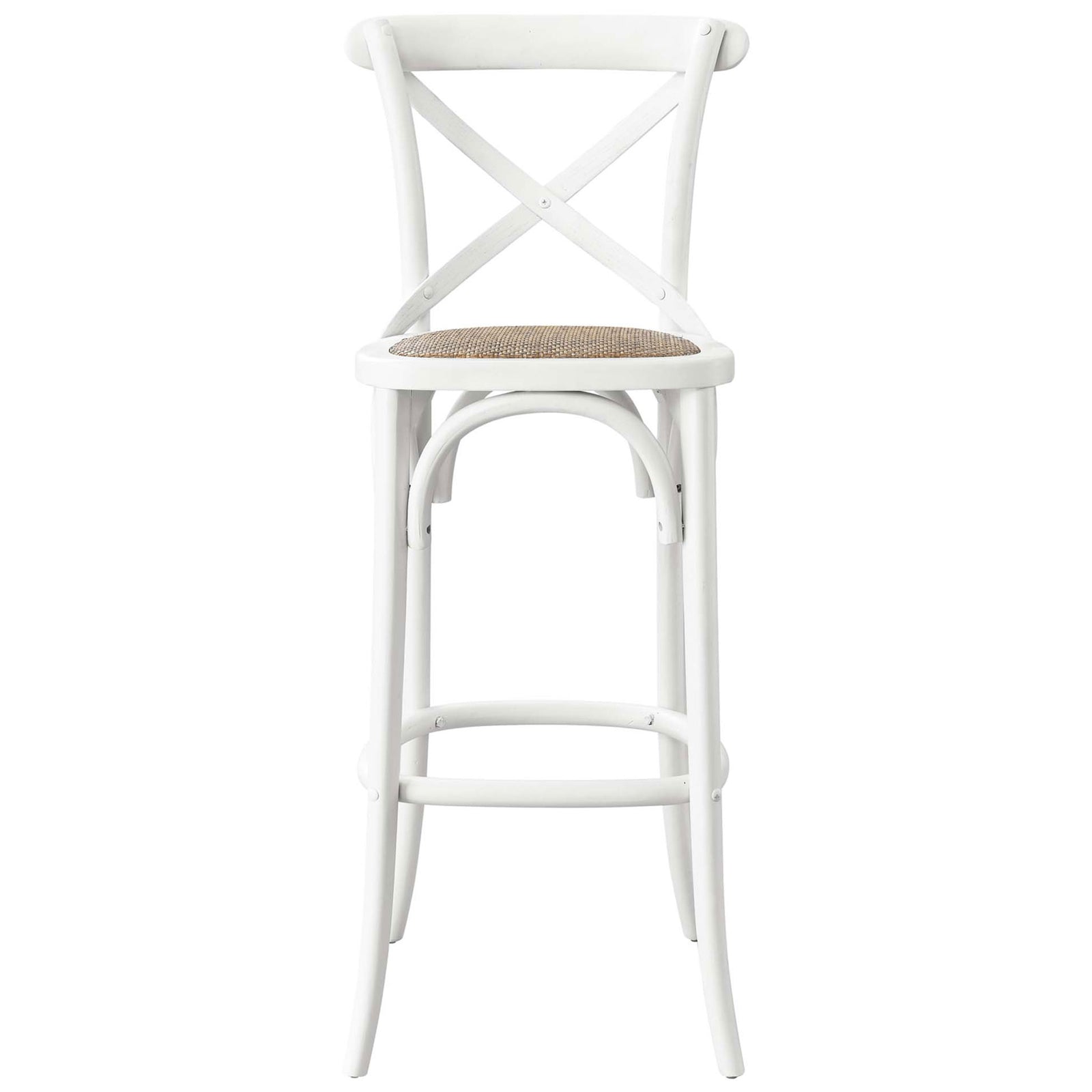 White bar stool with X-brace back, woven rattan seat, and supportive circular footrest. || EEI-5668-WHI || front_studio