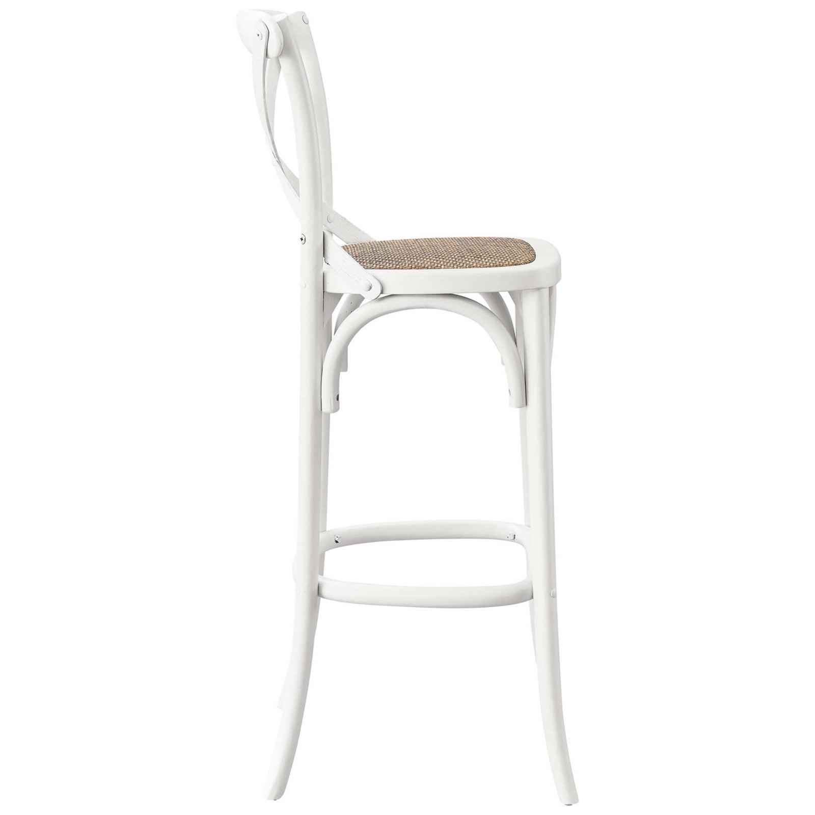 Tall bar stool profile with slim legs, curved footrest, and textural rattan seat. || EEI-5668-WHI || side_studio