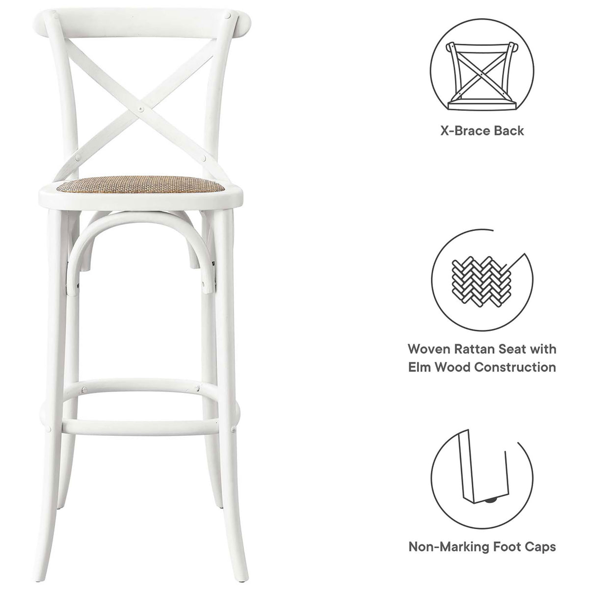 Sturdy elm bar stool with rattan seat, X-back support, and non-marking foot caps. || EEI-5668-WHI || callout_studio