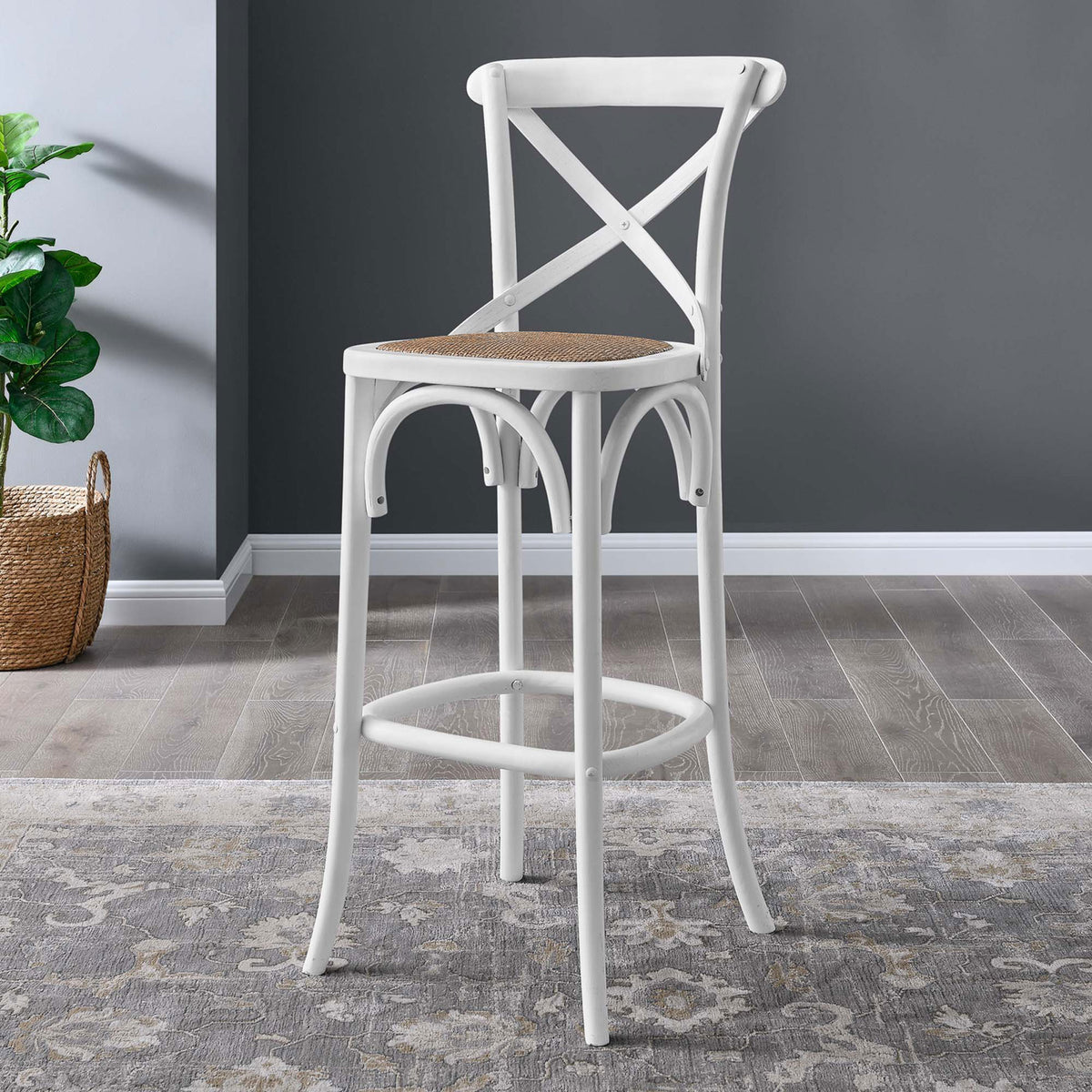 Bright white bar stool brings breezy texture and gentle curves to the breakfast bar. || EEI-5668-WHI || front_angle_room