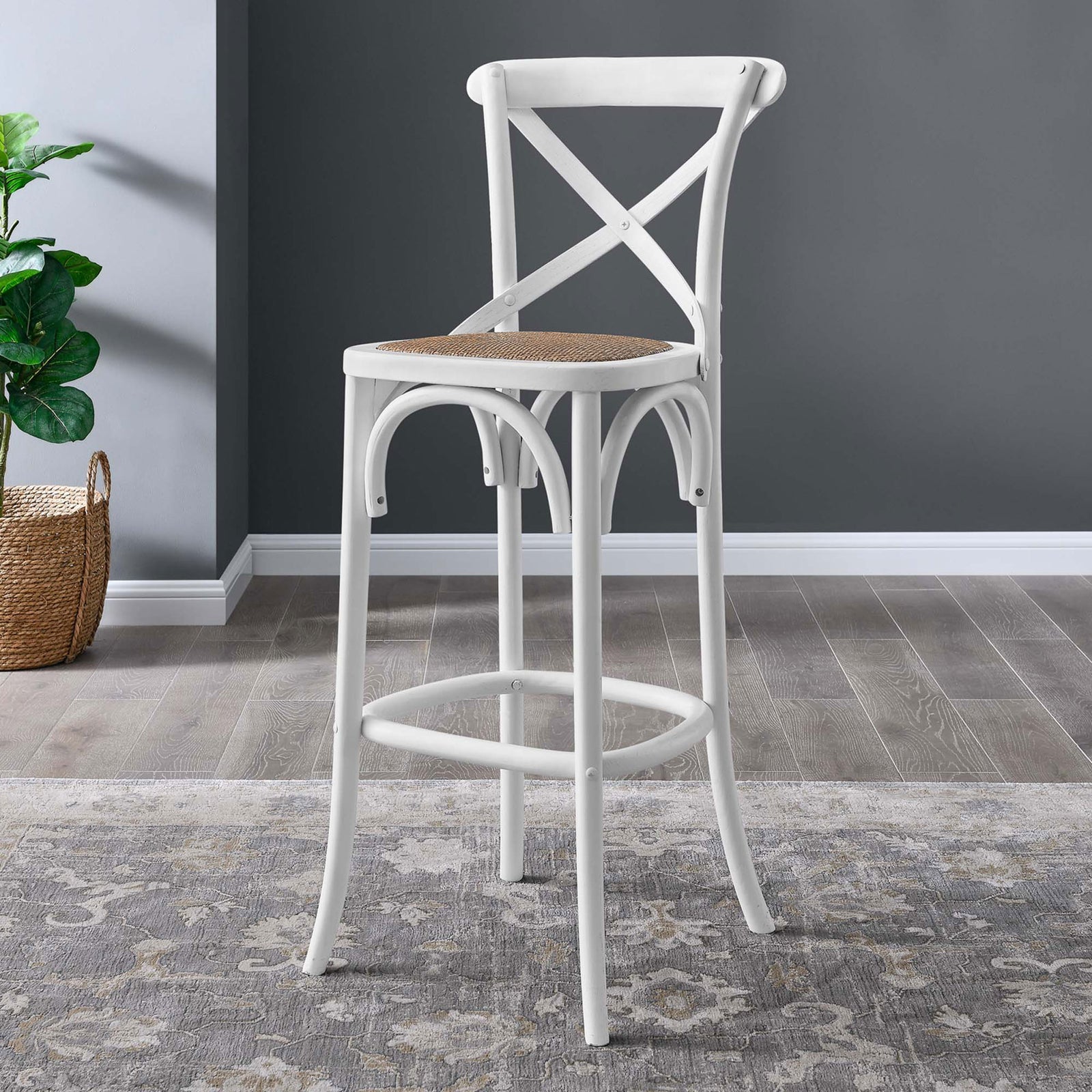Bright white bar stool brings breezy texture and gentle curves to the breakfast bar. || EEI-5668-WHI || front_angle_room