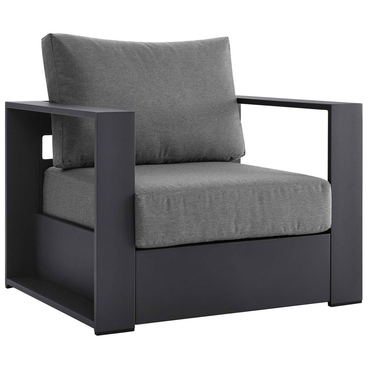 Modern Tahoe outdoor armchair pairing a sleek charcoal powder-coated frame with plush gray cushions || EEI-5675-GRY-CHA || front_angle_studio
