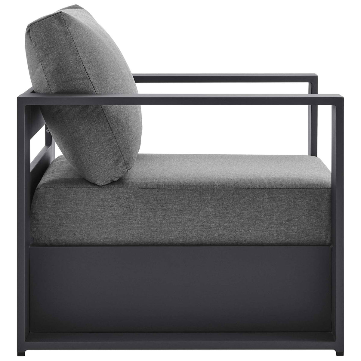 Tahoe outdoor armchair highlighting deep lounge seat and open side rails in a charcoal metal frame || EEI-5675-GRY-CHA || side_studio