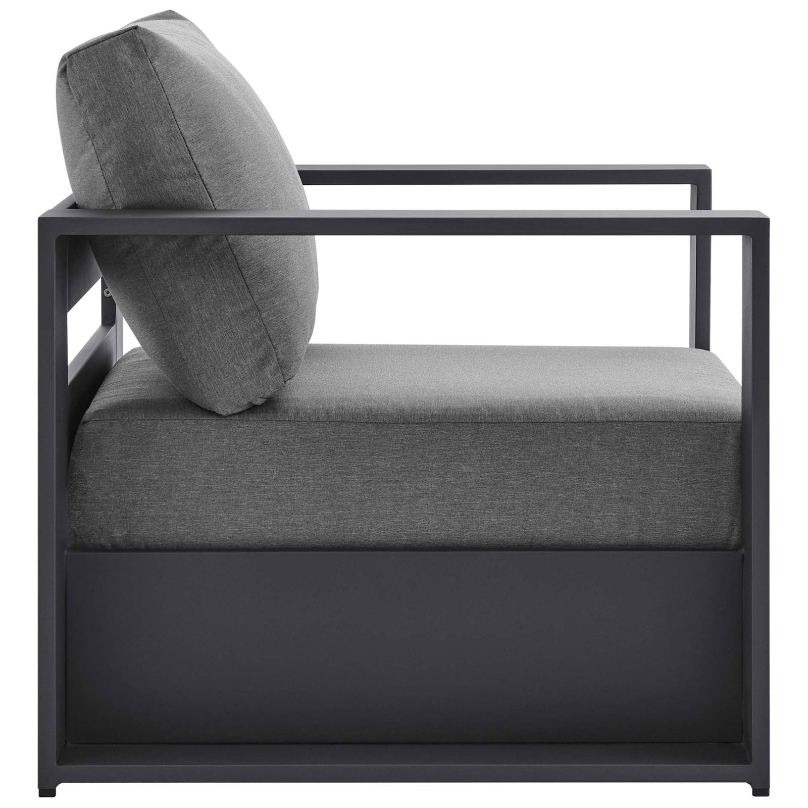 Tahoe outdoor armchair highlighting deep lounge seat and open side rails in a charcoal metal frame || EEI-5675-GRY-CHA || side_studio
