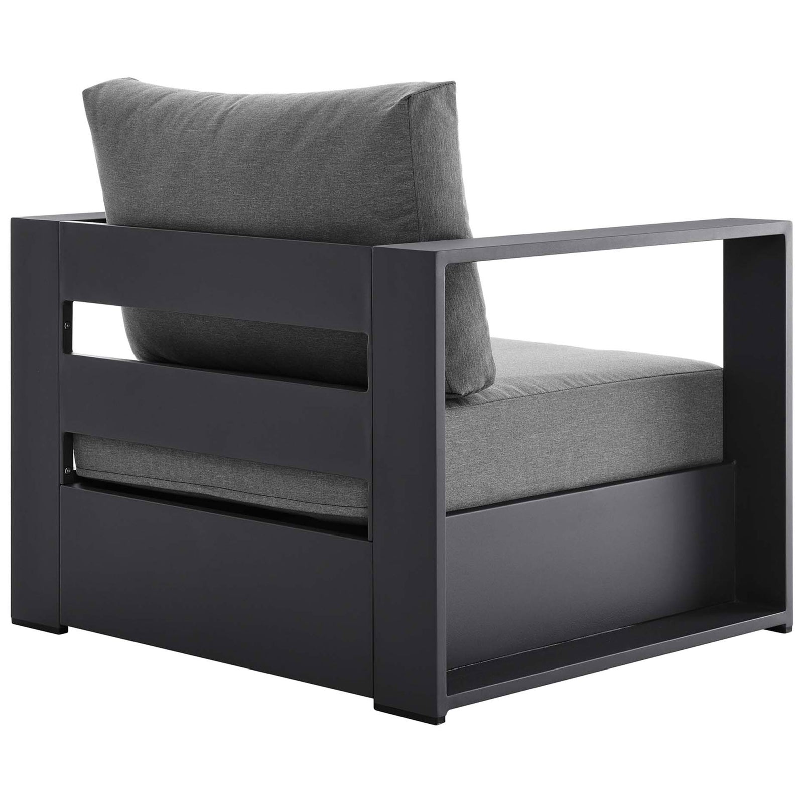 Tahoe patio armchair with broad charcoal back panel and supportive gray cushions || EEI-5675-GRY-CHA || back_angle_studio