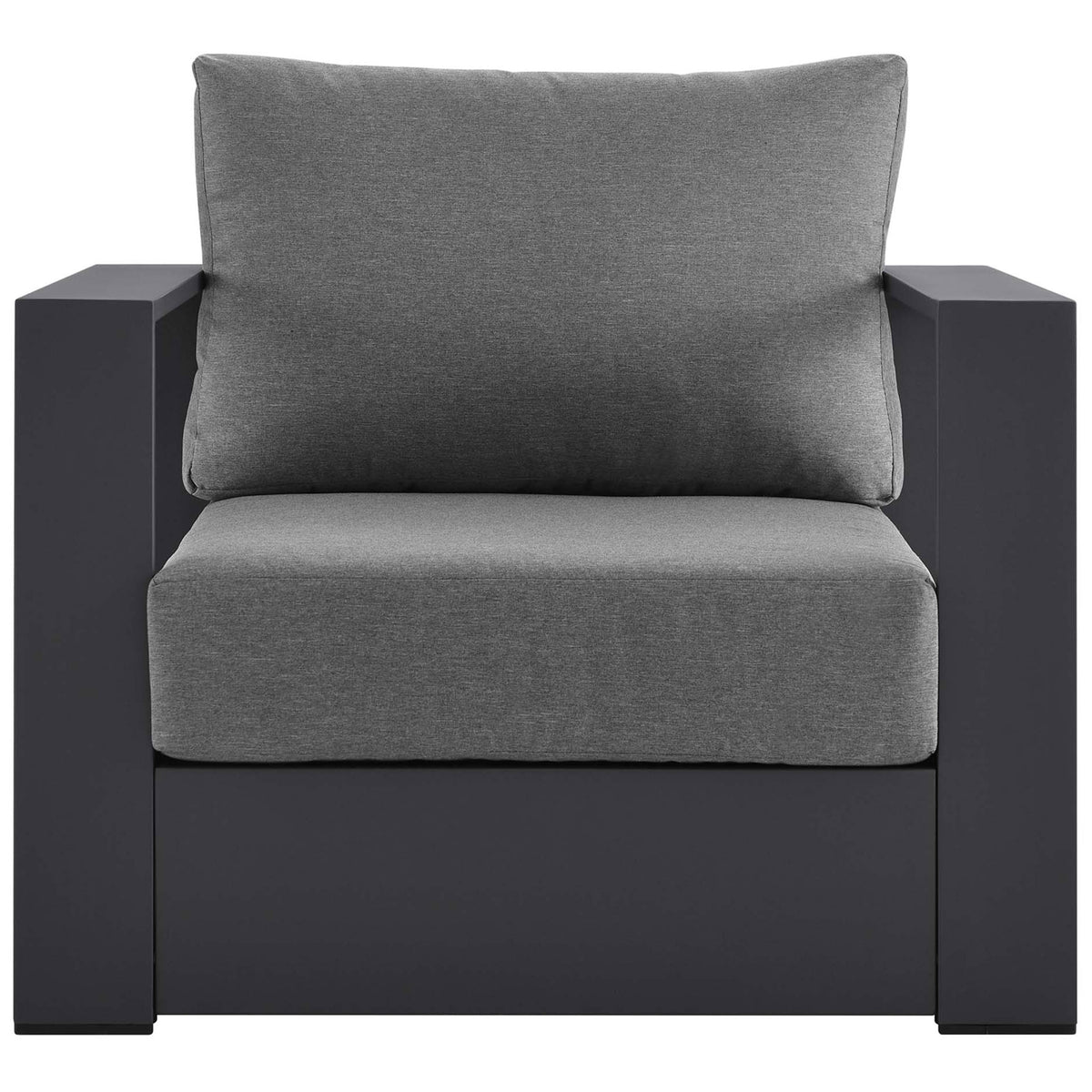Tahoe aluminum patio armchair with charcoal frame and generously cushioned gray seat and back || EEI-5675-GRY-CHA || front_studio