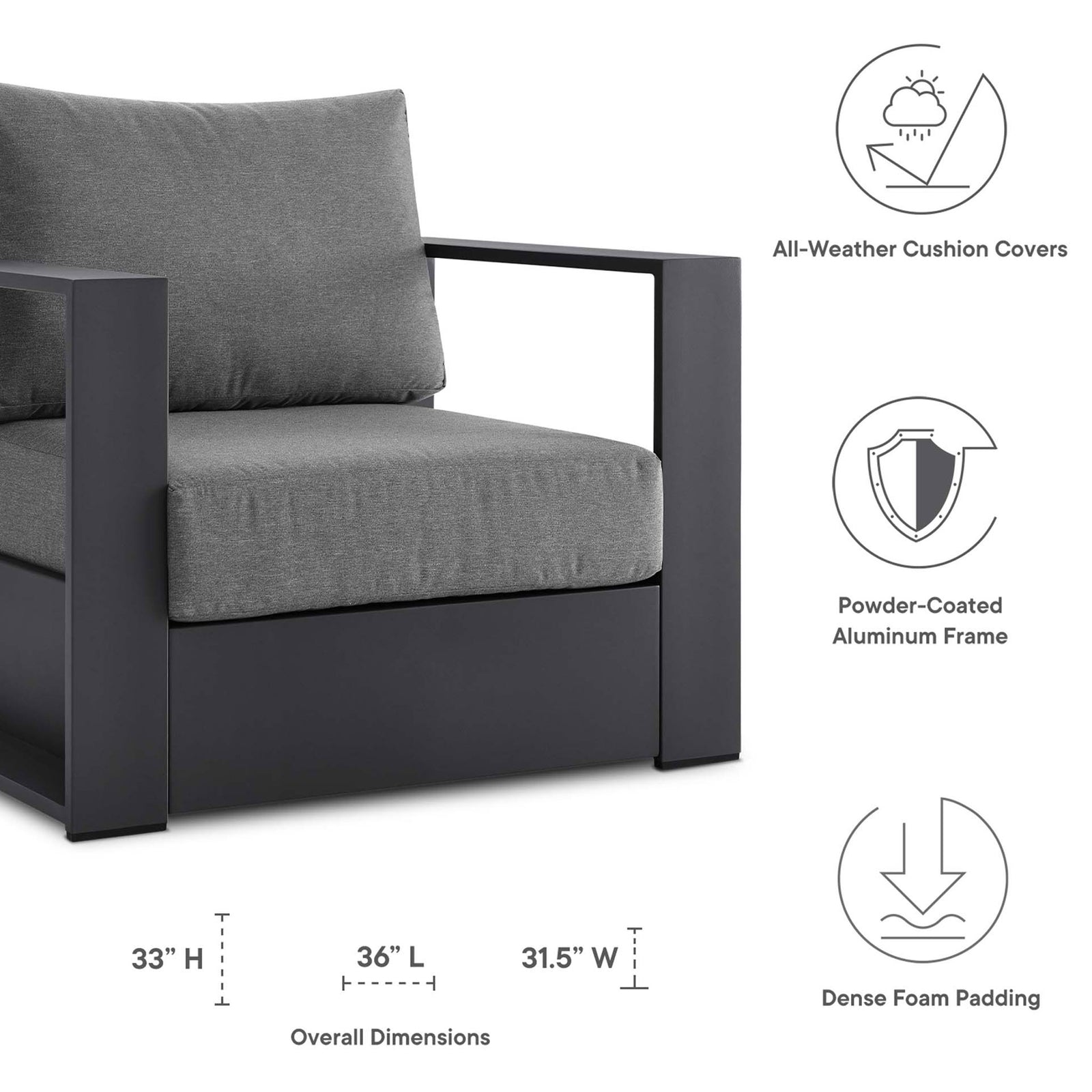 Dimension and feature graphic for the Tahoe aluminum armchair showing size, all-weather cushions, and dense foam padding || EEI-5675-GRY-CHA || dimension_studio