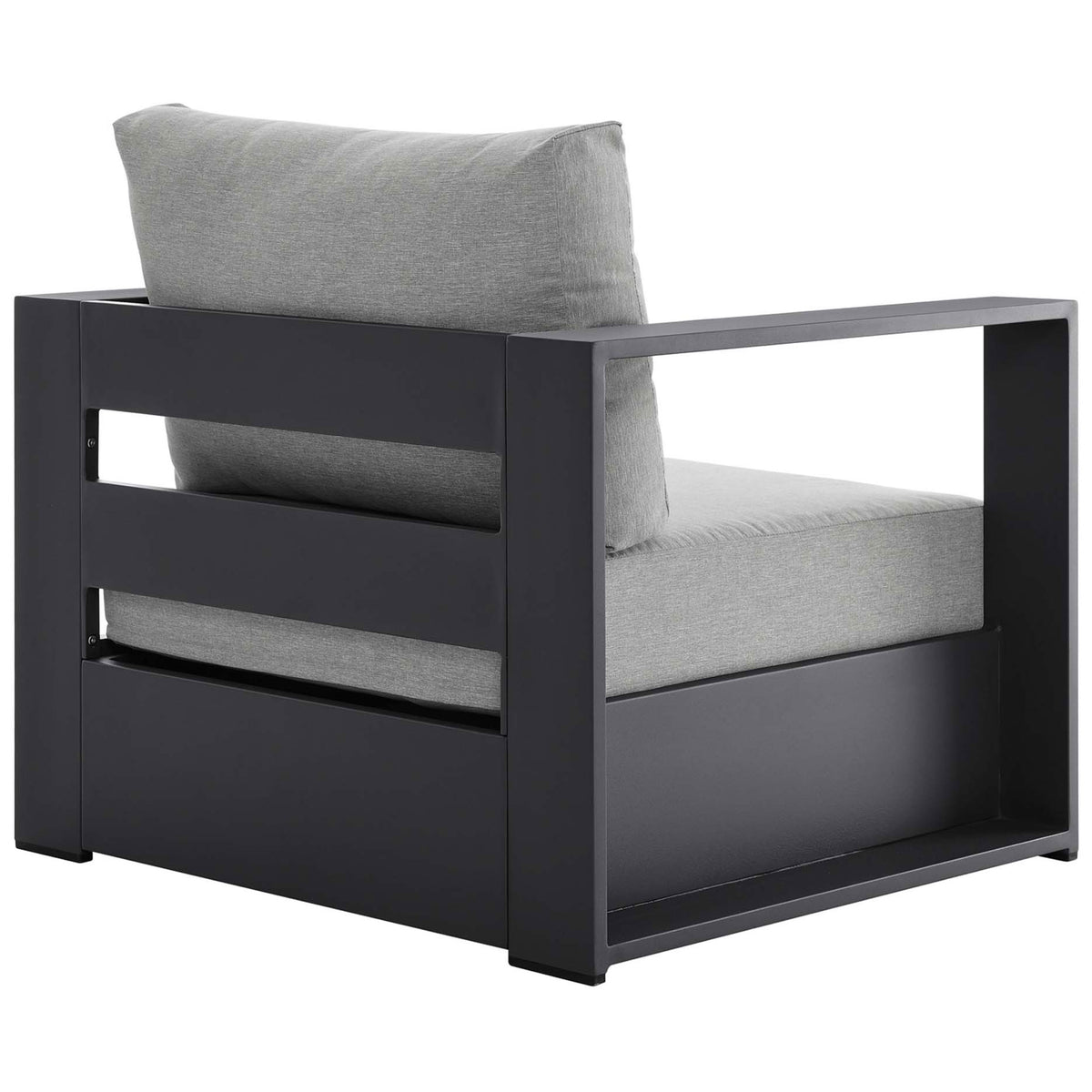 Tahoe patio armchair with broad charcoal back panel and supportive light gray cushions || EEI-5675-GRY-GRY || back_angle_studio