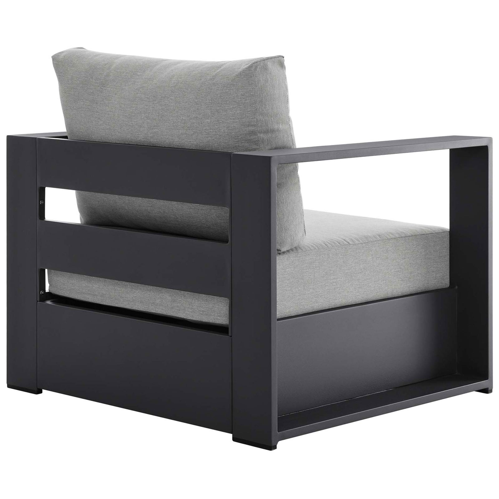 Tahoe patio armchair with broad charcoal back panel and supportive light gray cushions || EEI-5675-GRY-GRY || back_angle_studio
