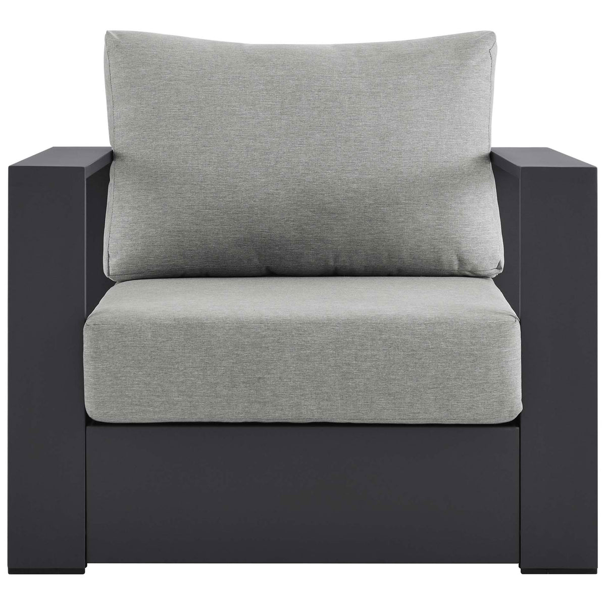 Tahoe aluminum patio armchair with charcoal frame and generously cushioned light gray seat and back || EEI-5675-GRY-GRY || front_studio