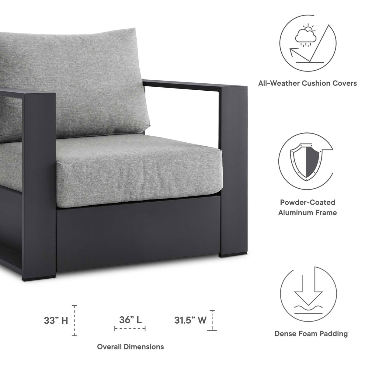 Dimension and feature graphic for the Tahoe aluminum armchair showing overall size and cushion features || EEI-5675-GRY-GRY || dimension_studio
