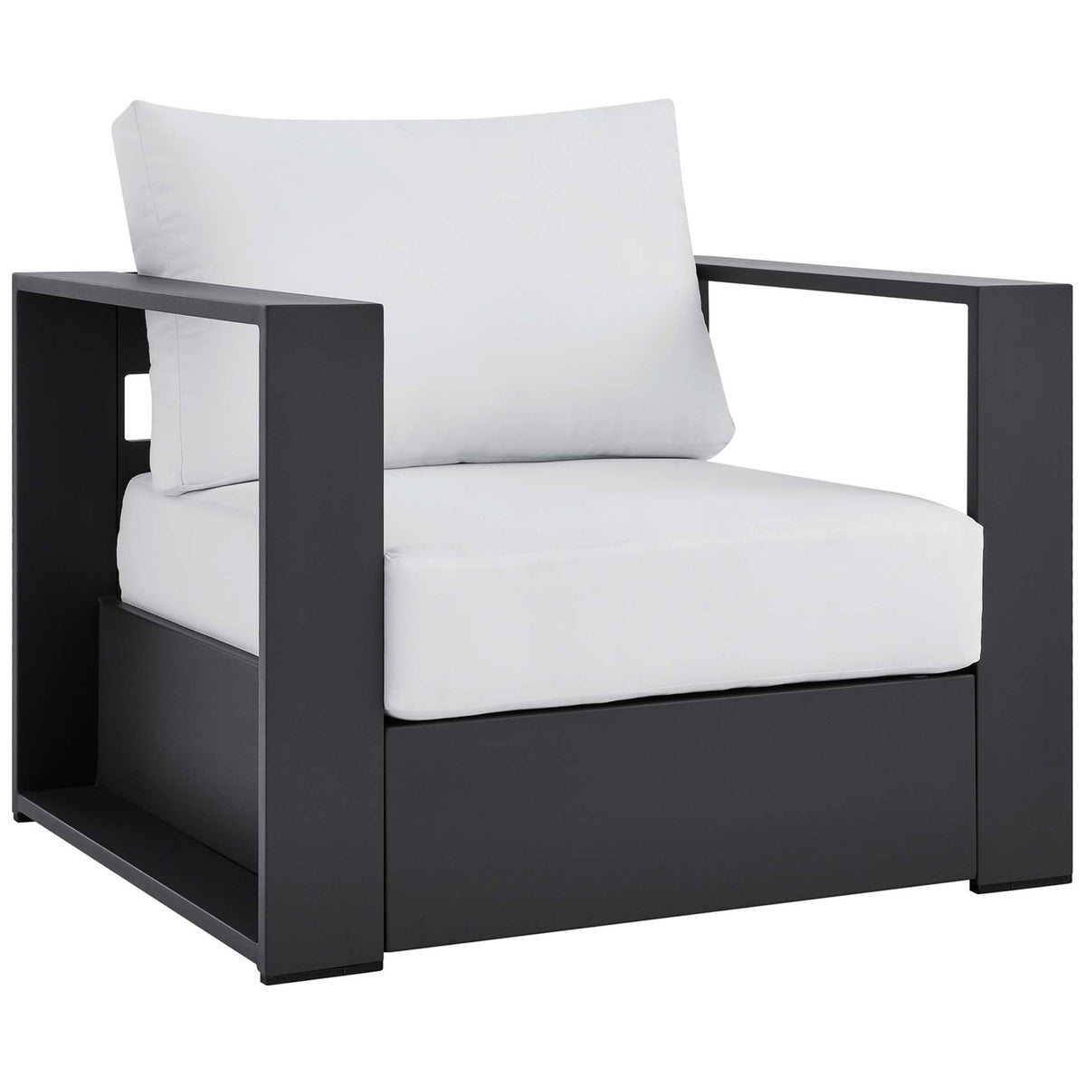 Modern Tahoe outdoor armchair pairing a sleek charcoal frame with plush white cushions || EEI-5675-GRY-WHI || front_angle_studio