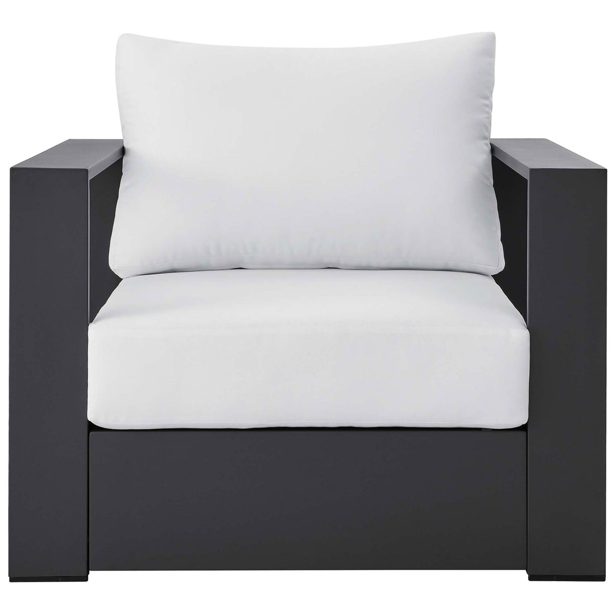 Tahoe aluminum patio armchair with charcoal frame and thick white seat and back cushions || EEI-5675-GRY-WHI || front_studio