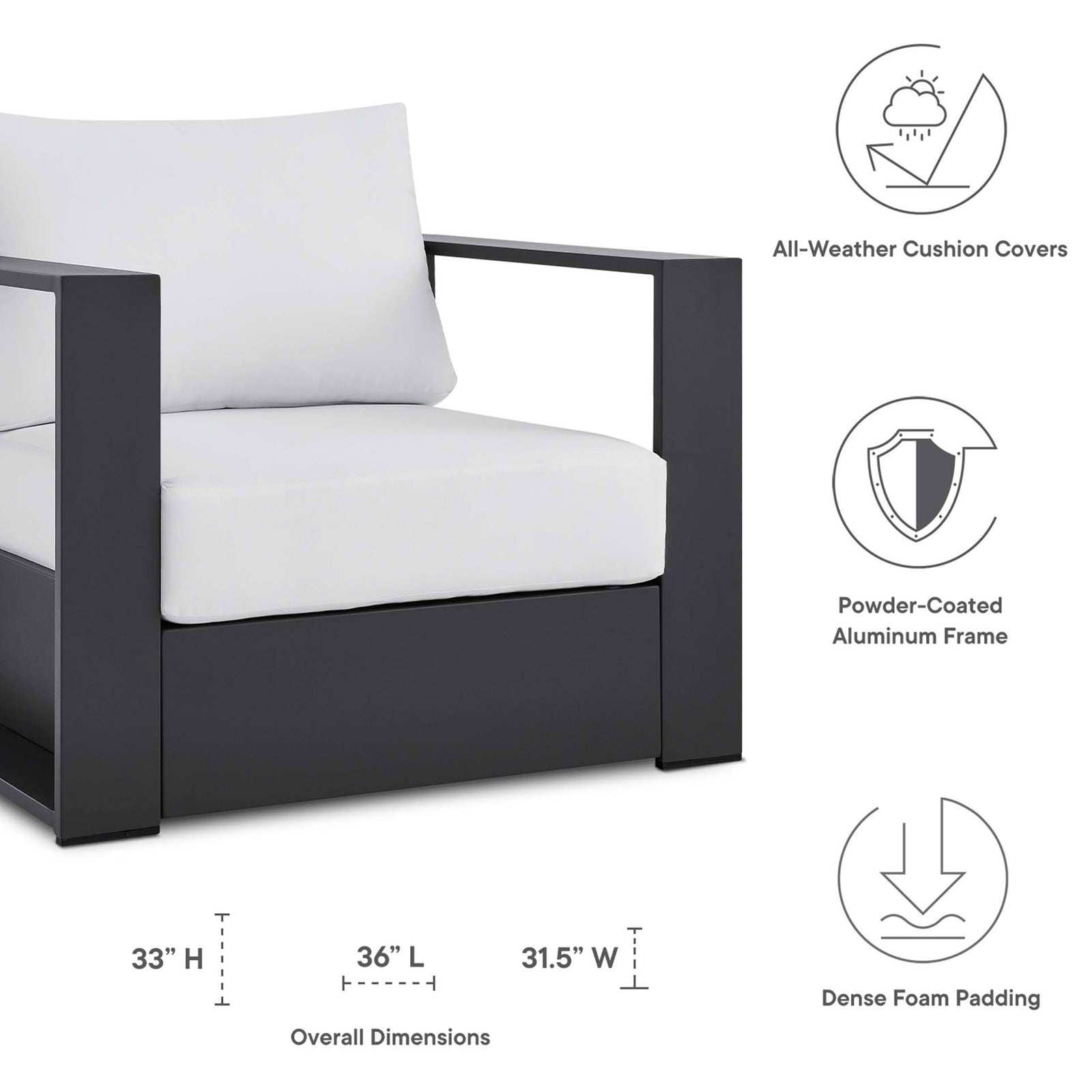 Dimension and feature graphic for the Tahoe charcoal aluminum armchair showing size and cushion features || EEI-5675-GRY-WHI || dimension_studio