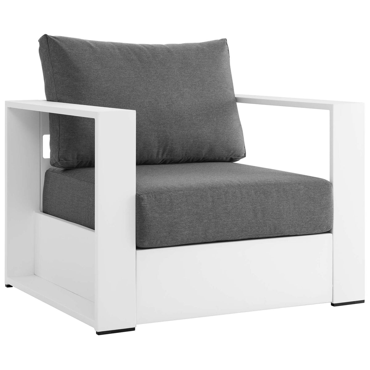 Modern Tahoe outdoor armchair pairing a clean white powder-coated frame with plush charcoal cushions || EEI-5675-WHI-CHA || front_angle_studio